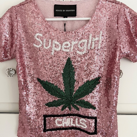 House of Mua Mua NWT Supergirl Sequin Beaded Embroidered Mesh Crop Top Size XS - Picture 2 of 6